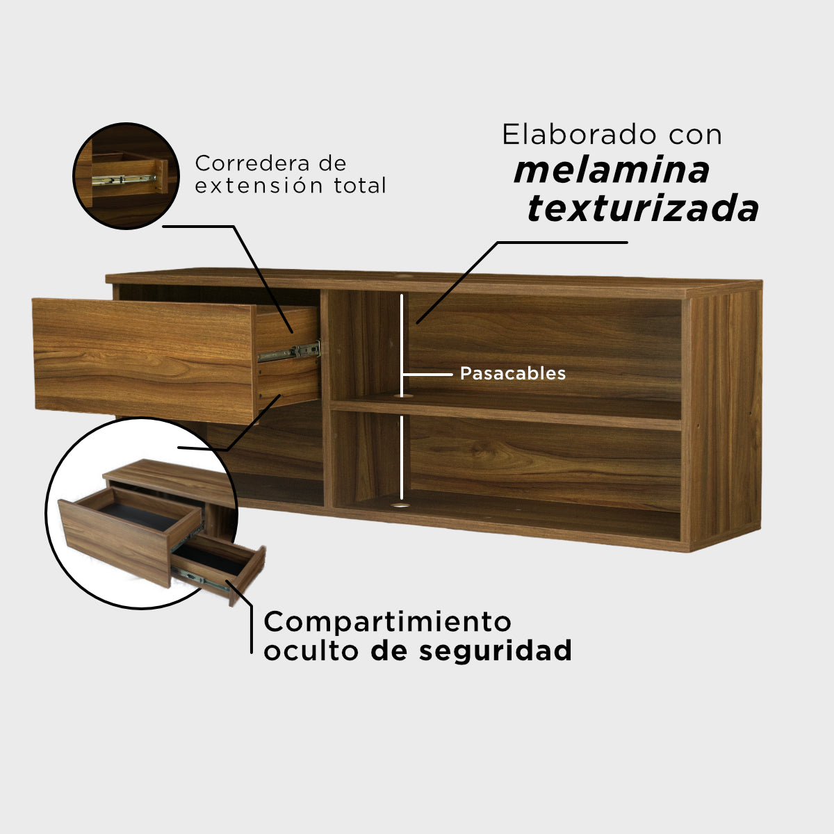 Mueble Flotante para TV, con cajón Secreto